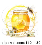 Poster, Art Print Of Honey Bees Over A Jar With A Guaranteed Banner