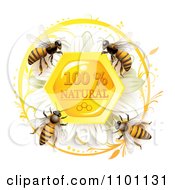 Poster, Art Print Of Honey Bees Over A Natural Honeycombs With A Daisy