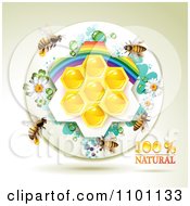 Poster, Art Print Of Honey Bees Over Natural Honeycombs In A Round Rainbow Floral Frame 3