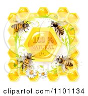 Poster, Art Print Of Honey Bees Over Natural Honeycombs In A Daisy Frame