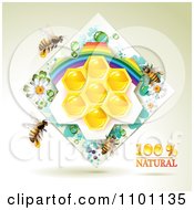 Poster, Art Print Of Honey Bees Over Natural Honeycombs In A Diamond Rainbow Floral Frame 3