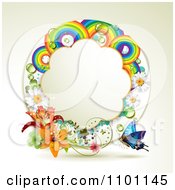 Poster, Art Print Of Circular Rainbow Flower And Clover Frame With A Buttefly