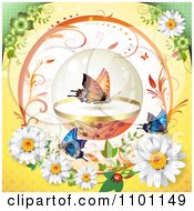 Poster, Art Print Of Circular Butterfly Dome Vine Frame With Daisies And Ladybug On Orange