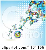 Poster, Art Print Of Colorful Butterflies With A Circle Rainbow Over Blue With White Dots