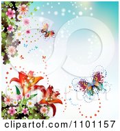 Poster, Art Print Of Butterflies With Sparkles Lilies And Blossoms On Blue