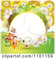 Poster, Art Print Of Butterfly With Daisies Lilies Clovers Dew And A Circle Frame
