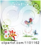 Clipart Spring Butterflies With Clovers Vines And Flowers Over Blue Royalty Free Vector Illustration