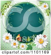 Poster, Art Print Of Circular Blue Clover Patterned Vine Frame With A Butterfly Ladybug And Daisies
