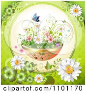 Poster, Art Print Of Circular Potted Flowers And Butterfly Frame With Daisies On Green