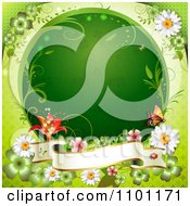 Poster, Art Print Of Circular Green Clover Patterned Vine Frame With A Butterfly And Flowers And Banner
