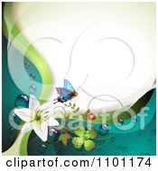 Poster, Art Print Of Blue Butterfly And Ladybug With A White Lily Vines And Clover With Dew On Green White And Turquoise