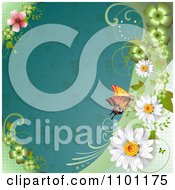 Poster, Art Print Of Butterfly Clovers And Flowers Over A Turquoise Clover Pattern
