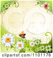 Poster, Art Print Of Orange Butterfly And Daisies Over A Beige Clover Pattern