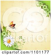 Clipart Orange Butterfly Daisy And Clovers Over A Beige Clover Pattern Royalty Free Vector Illustration