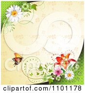Clipart Orange Butterfly And Flowers Over A Beige Clover Pattern Royalty Free Vector Illustration