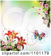 Poster, Art Print Of Butterfly With Lilies And Blossoms On Gradient