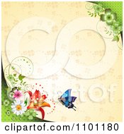 Poster, Art Print Of Blue Butterfly And Flowers Over A Beige Clover Pattern