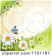 Poster, Art Print Of Blue Butterfly And Daisies Over A Beige Clover Pattern