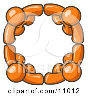 Four Orange People Standing In A Circle And Holding Hands For Teamwork And Unity by Leo Blanchette