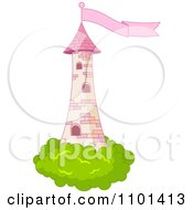 Clipart Pink Fairy Tale Tower With Bushes And A Flag Royalty Free Vector Illustration