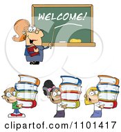 Poster, Art Print Of Friendly Female Teacher Pointing To Welcome On A Chalk Board And Students Carrying Books