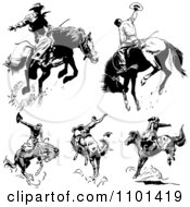 Clipart Retro Black And White Rodeo Cowboys On Bucking Horses Royalty Free Vector Illustration by BestVector #COLLC1101419-0144