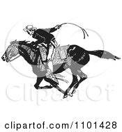 Poster, Art Print Of Retro Black And White Cowboy On A Fast Horse