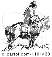 Poster, Art Print Of Retro Black And White Wrangler Cowboy Smoking On A Horse