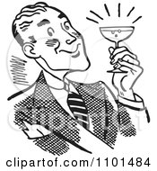 Poster, Art Print Of Retro Black And White Happy Man Smiling And Holding A Cocktail