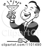 Clipart Retro Black And White Man Smiling And Holding Up A Cocktail Royalty Free Vector Illustration
