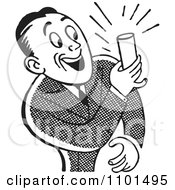 Clipart Retro Black And White Man Smiling And Holding A Beer Royalty Free Vector Illustration