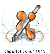 Orange Man Holding A Pencil And Drawing A Circle On A Blueprint Clipart Illustration