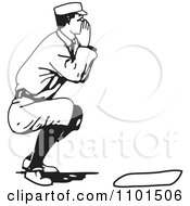 Clipart Retro Black And White Baseball Player Baseman Shouting And Crouching Royalty Free Vector Illustration by BestVector
