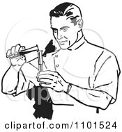 Clipart Retro Black And White Scientist Mixing Chemicals Royalty Free Vector Illustration