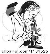 Clipart Retro Black And White Scientist Using A Lab Microscope Royalty Free Vector Illustration