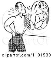 Clipart Retro Black And White Gentleman Adjusting His Tie In Front Of A Mirror Royalty Free Vector Illustration