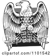 Clipart Retro Black And White American Bald Eagle With Arrows Over A Black Square Royalty Free Vector Illustration