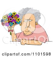 Poster, Art Print Of Grumpy Old Lady Holding A Bouquet Of Daisies And A Cigarette