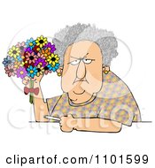 Poster, Art Print Of Grumpy Old Woman Holding A Bouquet Of Daisies And A Cigarette