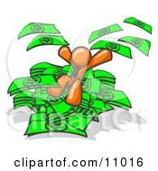 Orange Business Man Jumping In A Pile Of Money And Throwing Cash Into The Air Clipart Illustration by Leo Blanchette #COLLC11016-0020