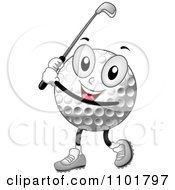 Clipart Happy Golf Ball Mascot Holding A Club Royalty Free Vector Illustration