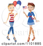 Poster, Art Print Of Caucasian And Black American Women With Party Balloons And A Flag