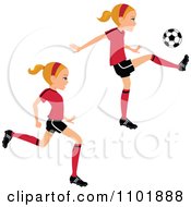 Poster, Art Print Of Blond Soccer Girl Player Running And Kicking