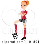 Clipart Blond Female Soccer Player Resting Her Foot On A Ball Royalty Free Vector Illustration by Monica #COLLC1101891-0132