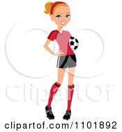 Poster, Art Print Of Blond Female Soccer Player Posing With A Ball