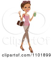 Stylish African American Or Hispanic Woman Holding A Beverage And Wearing Leggings And A Tank Top