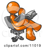 Orange Man Sitting Cross Legged In A Chair And Reading A Book