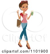 Stylish African American Or Hispanic Woman Holding A Beverage And Wearing Jeans And A Red Shirt