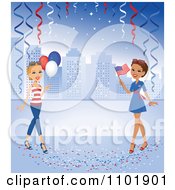 Hispanic Or African American Woman With A Flag And A Caucasian Woman With Balloons Against A Blue City With Confetti And Streamers