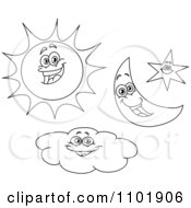 Poster, Art Print Of Outlined Happy Sun Crescent Moon Star And Cloud Characters